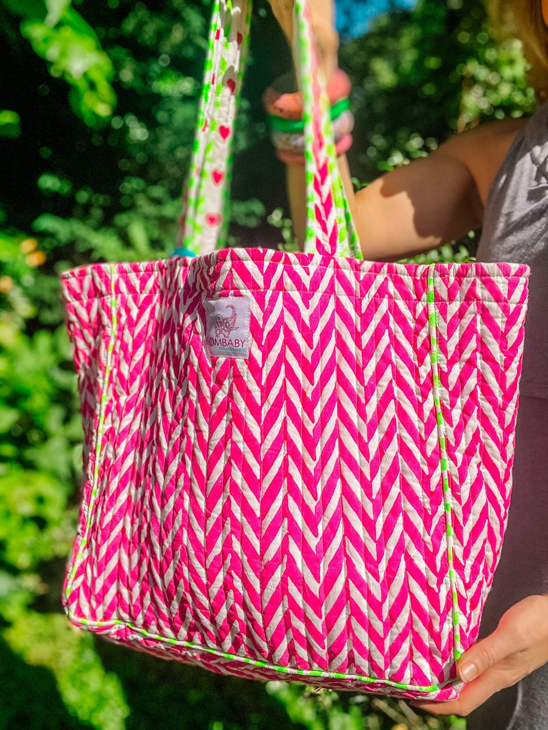 Handmade Block Print Neon Pink Tote Bag | Bombaby