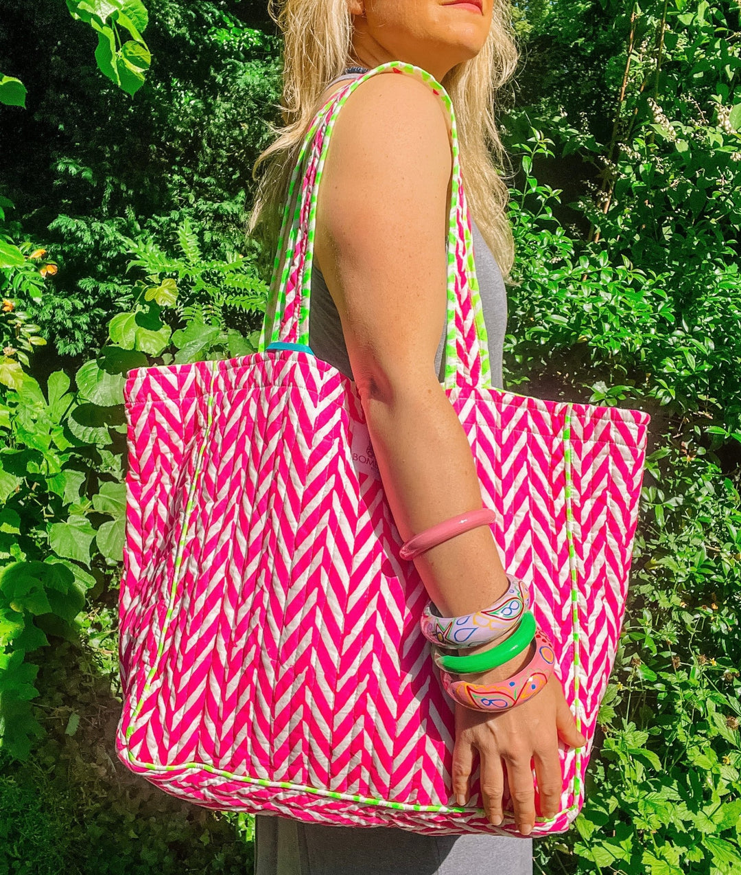 Handmade Quilted Tote Bag | Neon Pink - Bombaby