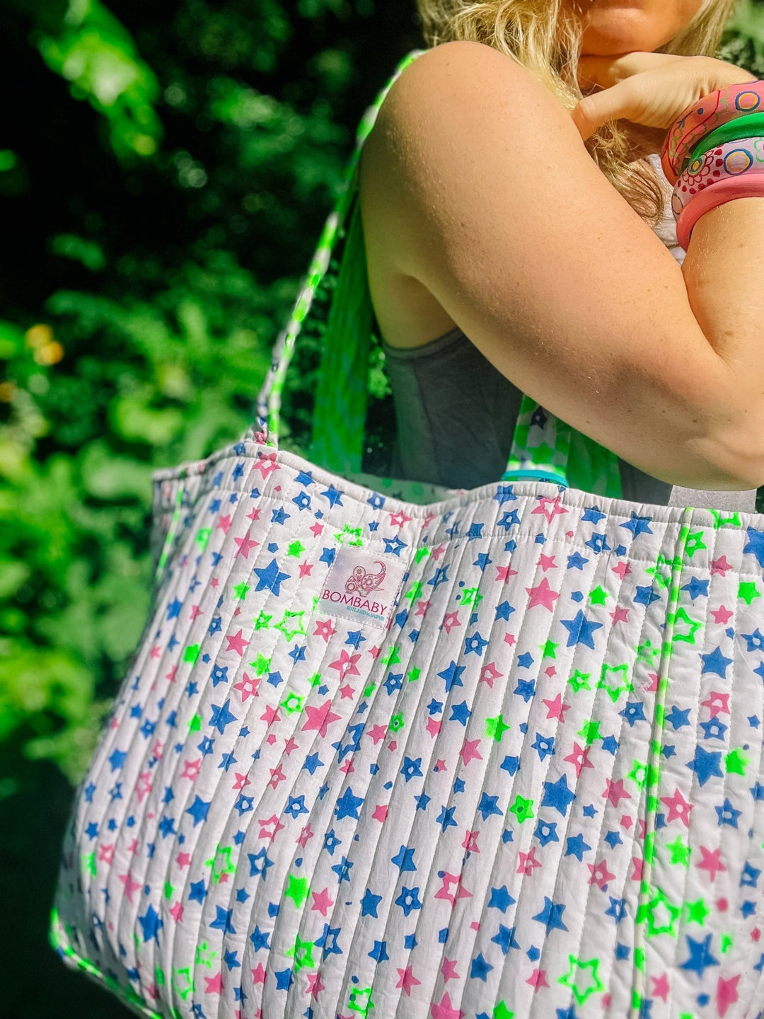 Handmade Quilted Tote Bag | Neon Stars - Bombaby