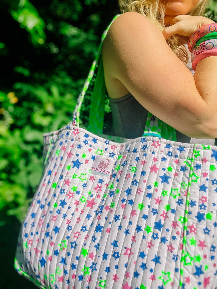 Handmade Quilted Tote Bag | Neon Stars - Bombaby