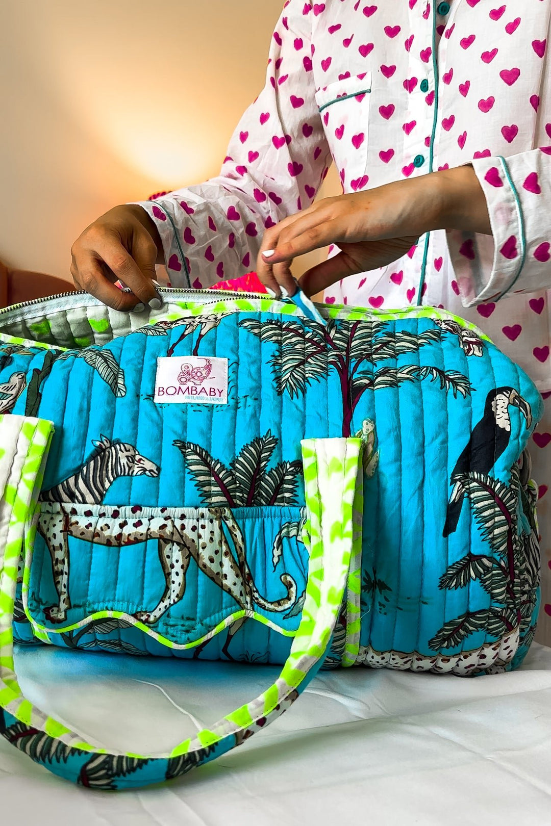 Handmade Quilted Weekend Bag | Turquoise Jungle - Bombaby