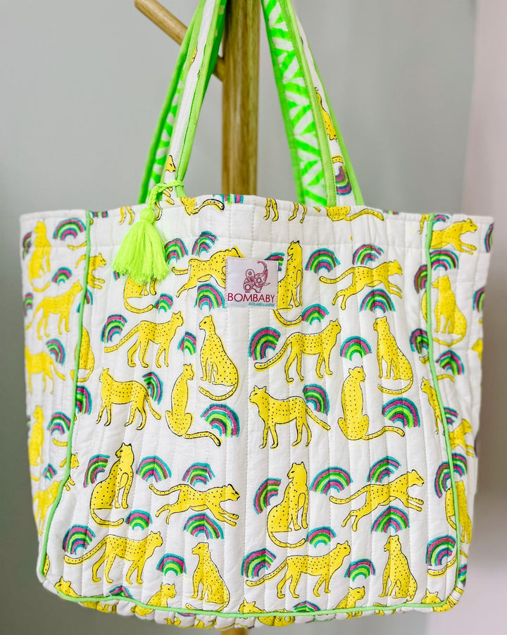 Handmade Reversible Quilted Tote Bag - Neon Rainbow Leopard - Bombaby