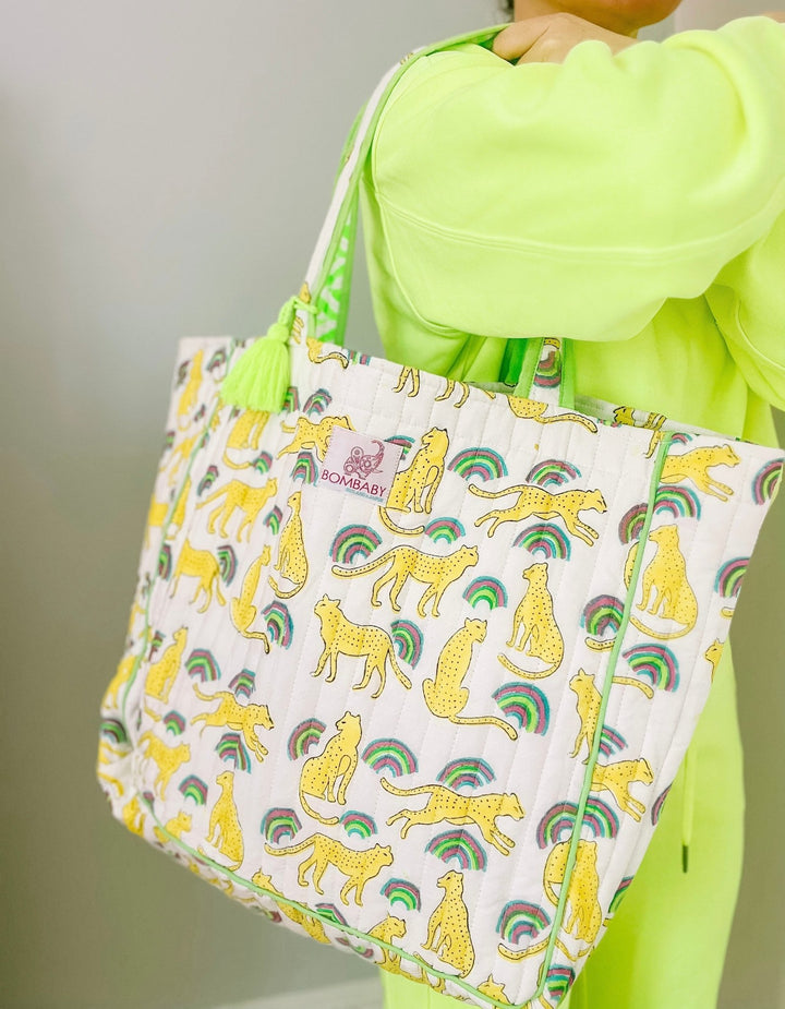 Handmade Reversible Quilted Tote Bag - Neon Rainbow Leopard - Bombaby