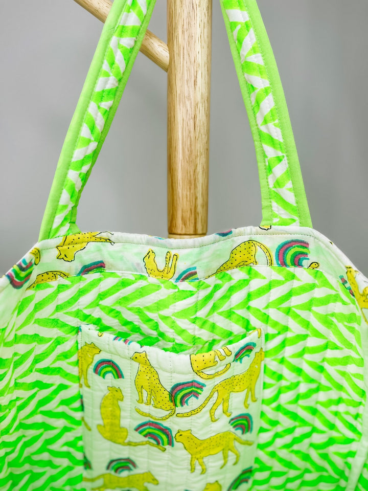 Handmade Reversible Quilted Tote Bag - Neon Rainbow Leopard - Bombaby