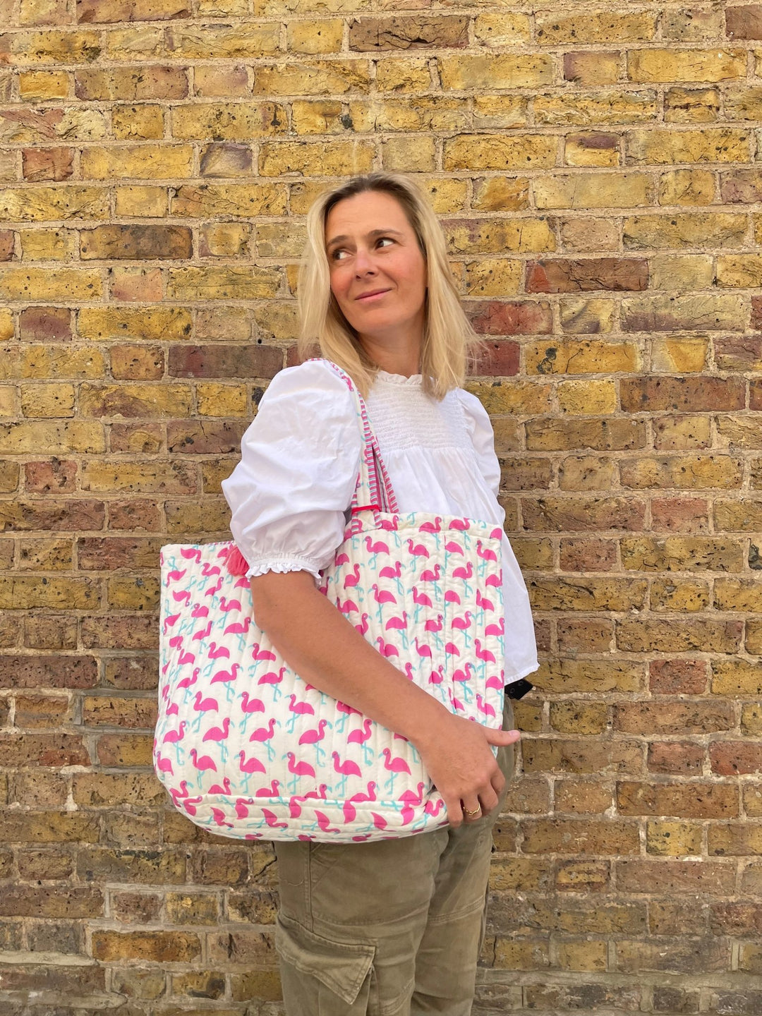 Handmade Reversible Quilted Tote Bag - Pink Flamingo - Bombaby