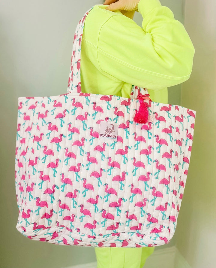 Handmade Reversible Quilted Tote Bag - Pink Flamingo - Bombaby