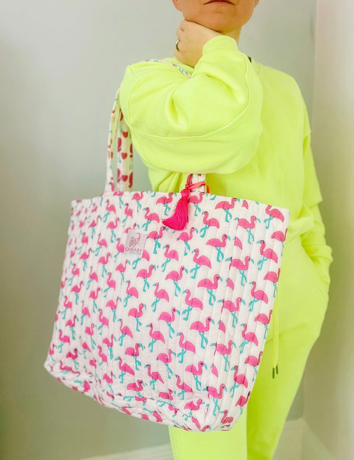 Handmade Reversible Quilted Tote Bag - Pink Flamingo - Bombaby