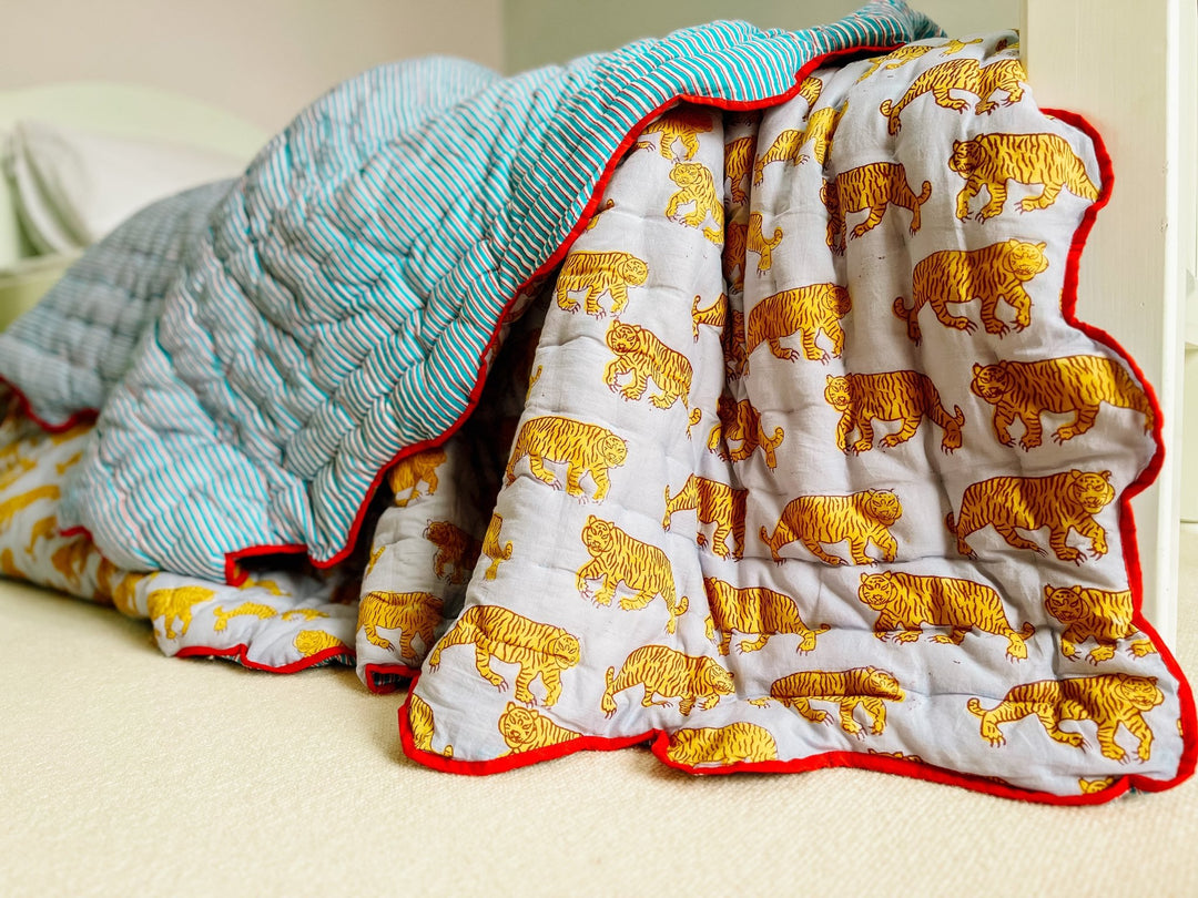 Handmade Scallop Standard Quilt | Blue Indian Tiger - Bombaby