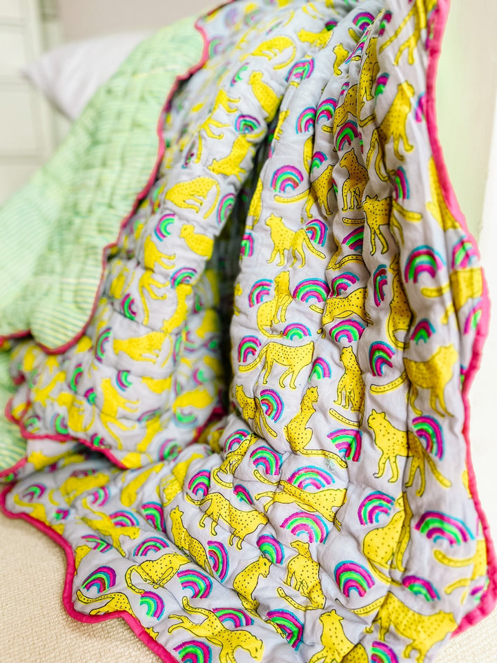 Handmade Scallop Standard Quilt | Neon Rainbow Leopard - Bombaby