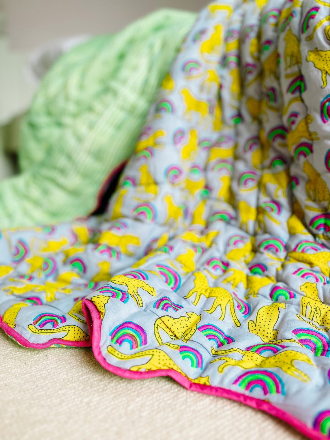 Handmade Scallop Standard Quilt | Neon Rainbow Leopard - Bombaby