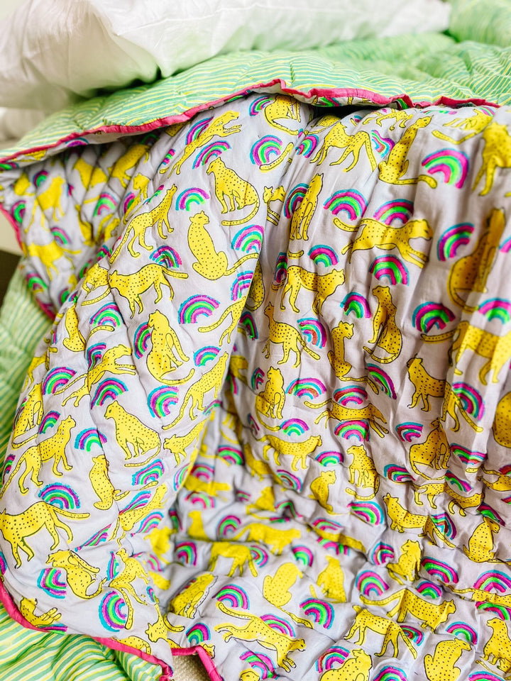 Handmade Scallop Standard Quilt | Neon Rainbow Leopard - Bombaby