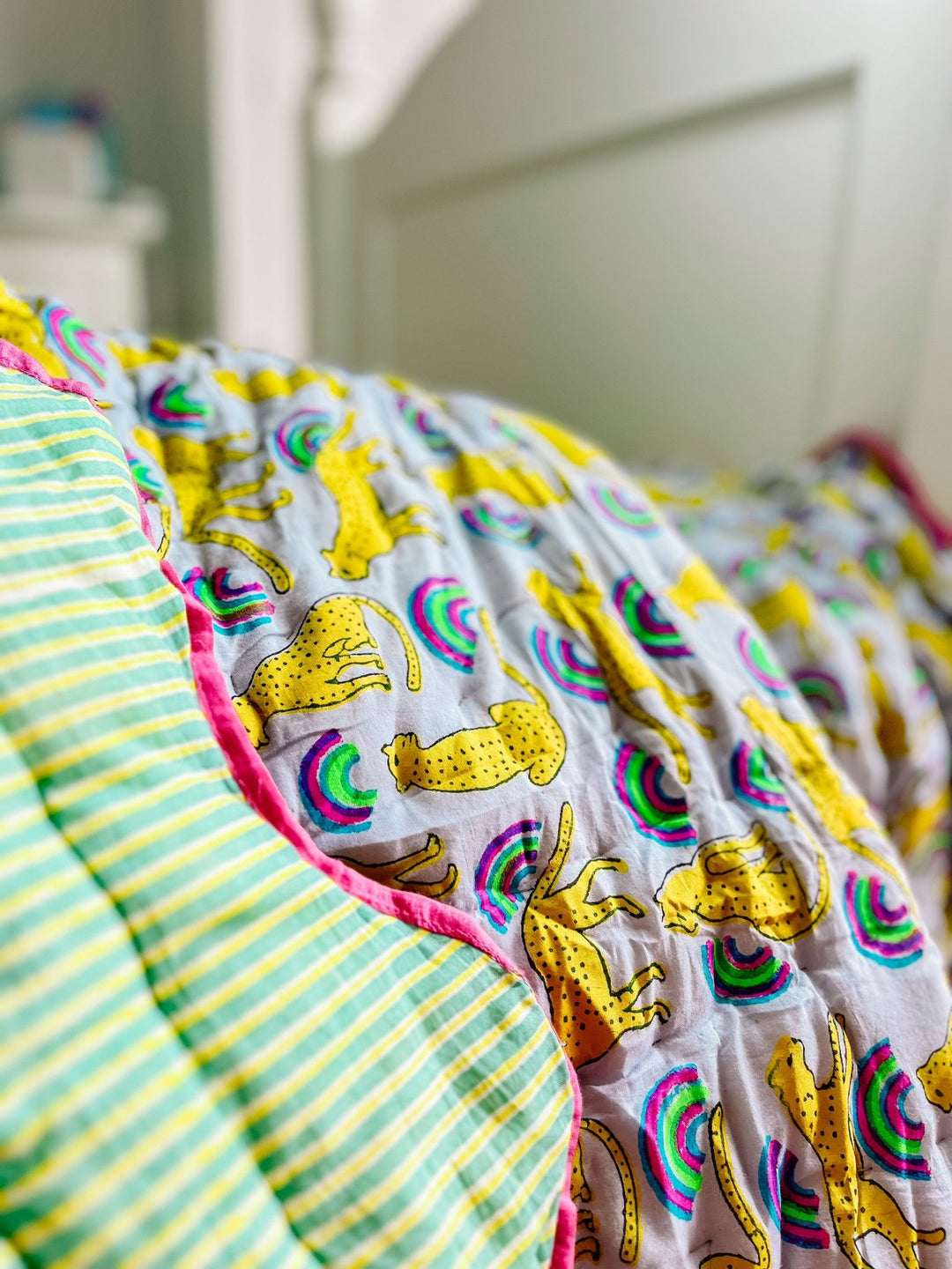 Handmade Scallop Standard Quilt | Neon Rainbow Leopard - Bombaby