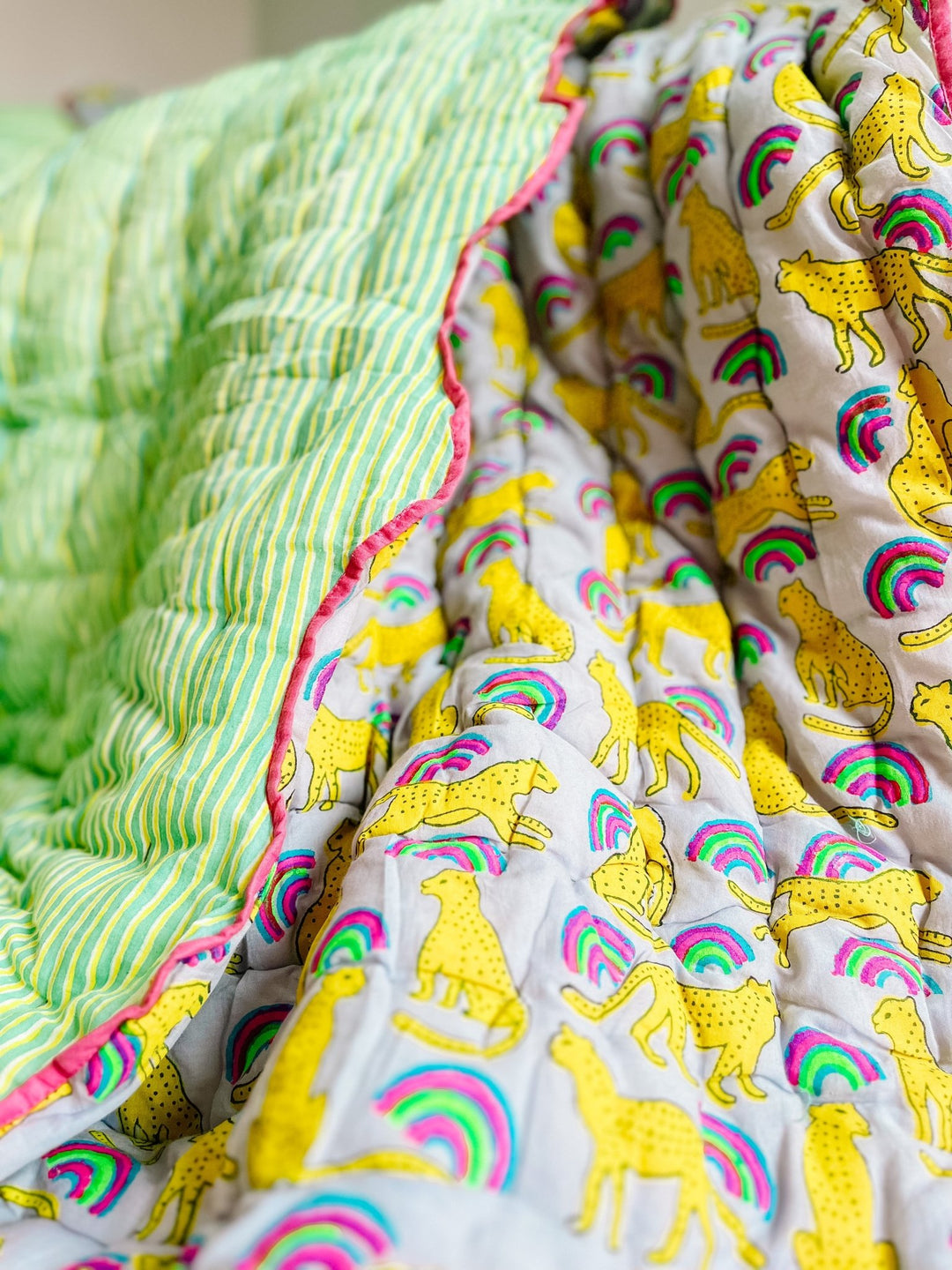 Handmade Scallop Standard Quilt | Neon Rainbow Leopard - Bombaby