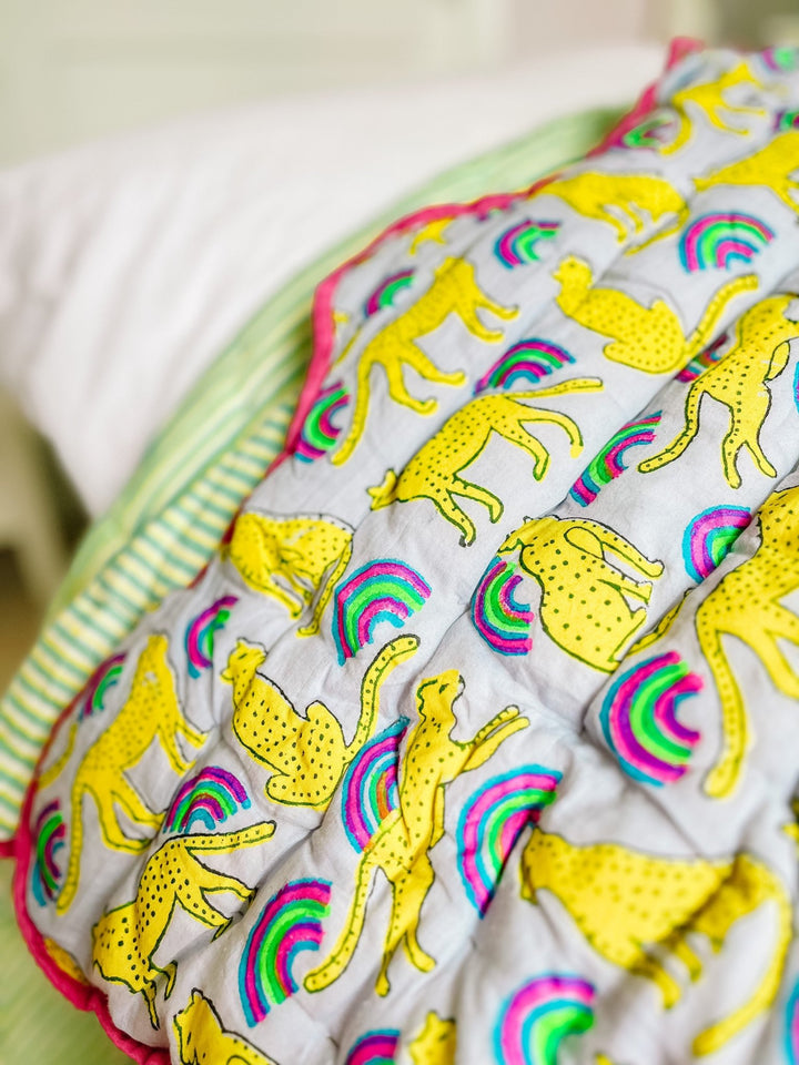 Handmade Scallop Standard Quilt | Neon Rainbow Leopard - Bombaby