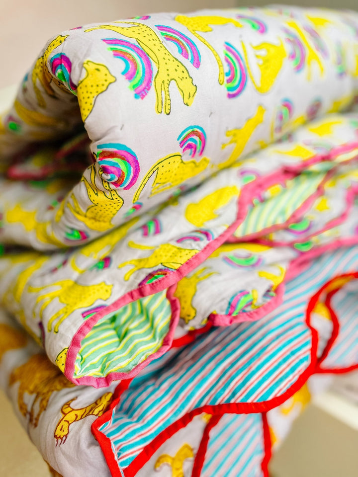 Handmade Scallop Standard Quilt | Neon Rainbow Leopard - Bombaby