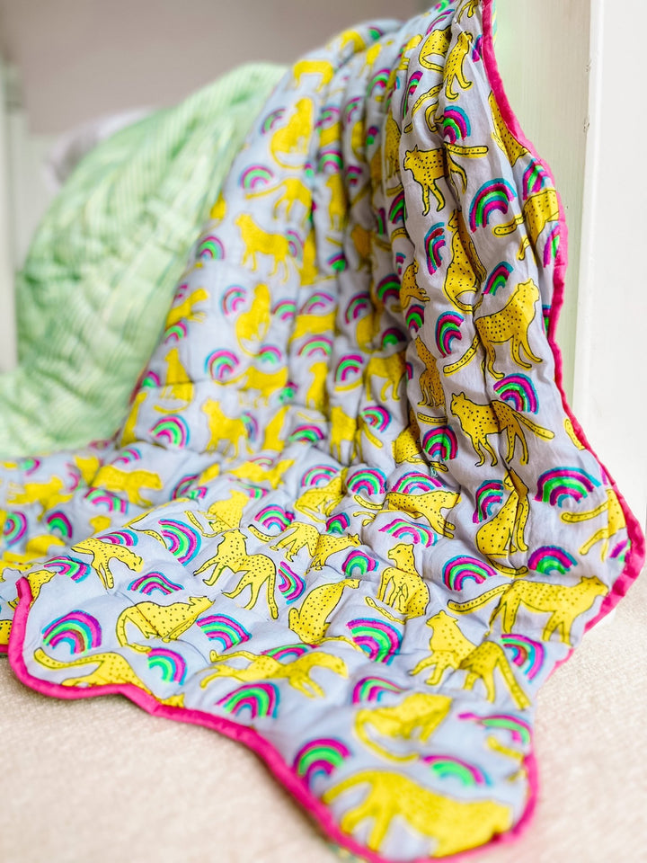 Handmade Scallop Standard Quilt | Neon Rainbow Leopard - Bombaby