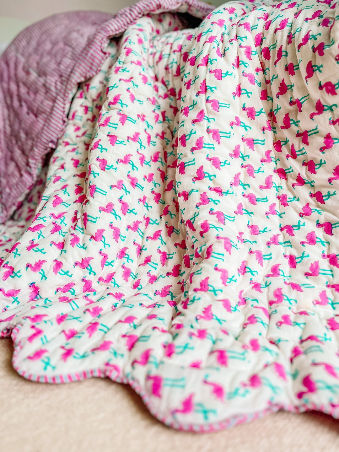 Handmade Scallop Standard Quilt | Pink Flamingo - Bombaby
