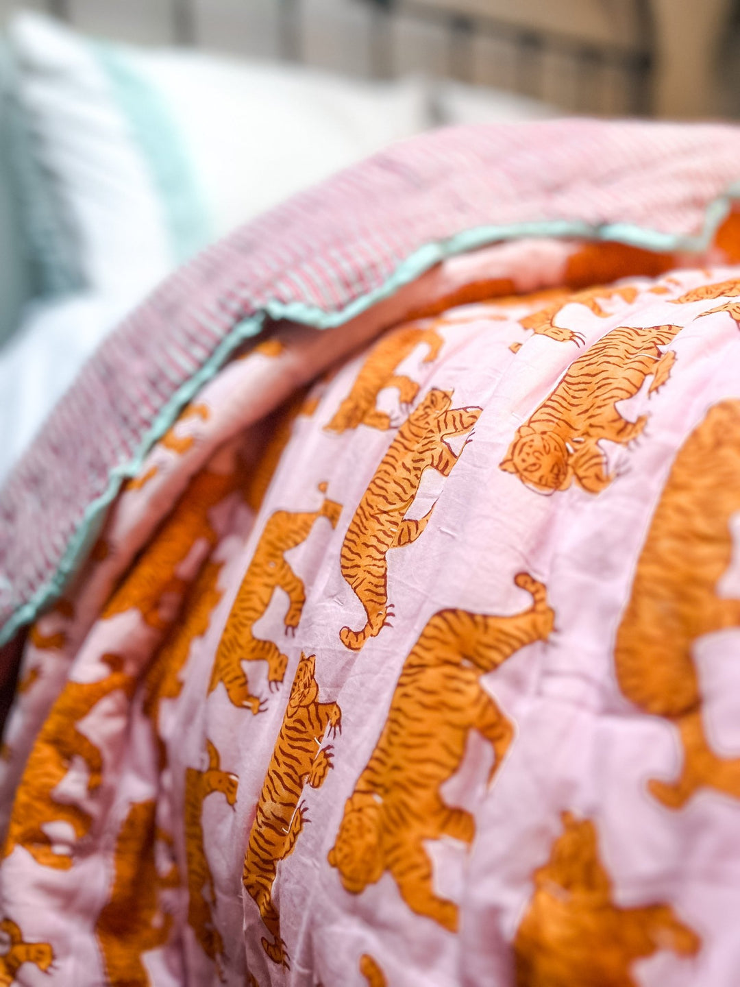 Handmade Scallop Standard Quilt | Pink Indian Tiger - Bombaby