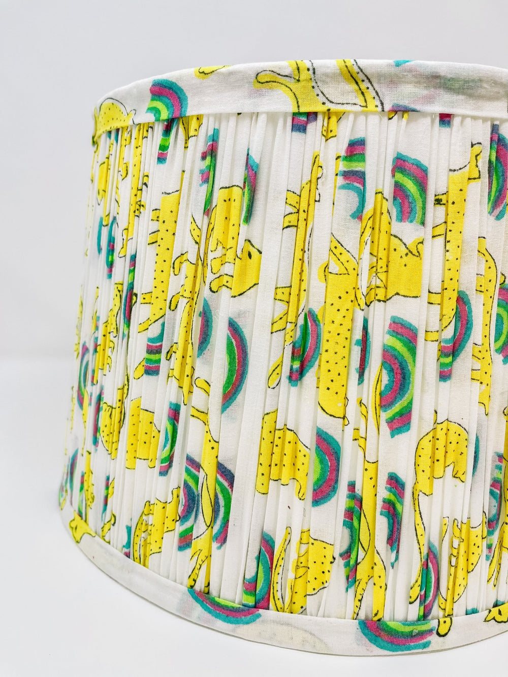 Handmade XL Block Print Cotton Lampshade - Neon Rainbow Leopard - Bombaby