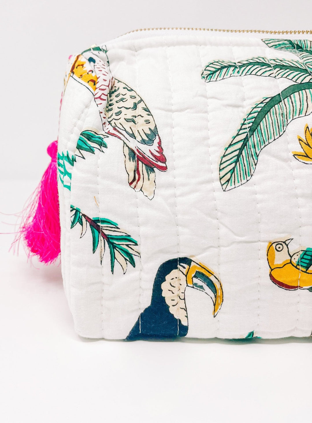 Jungle Luxe Quilted Cosmetic & Wash Bag - Cool White & Pink - Bombaby