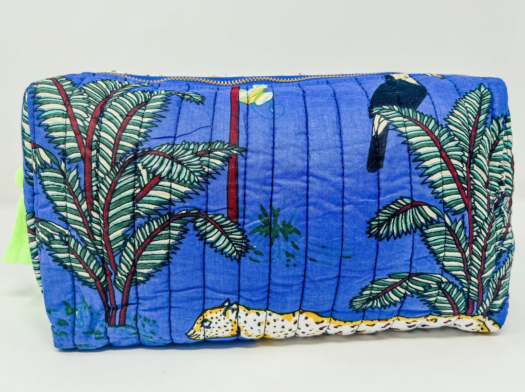 Jungle Luxe Quilted Cosmetic & Wash Bag - Navy Blue & Neon - Bombaby