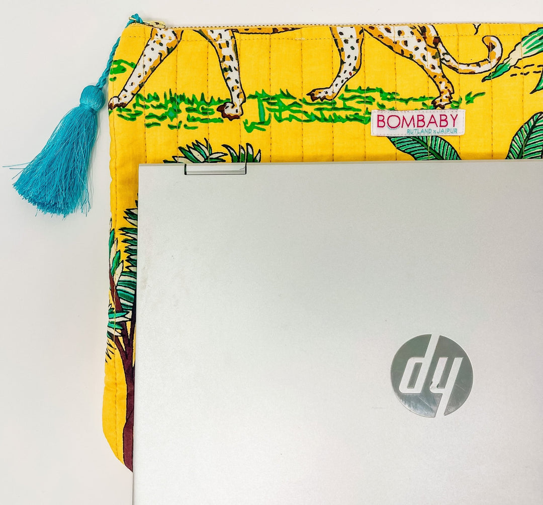 Quilted Jungle Laptop Sleeve - Yellow & Turquoise - Bombaby