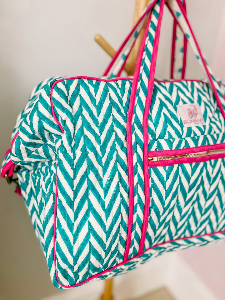 Quilted Large Weekend Bag - Turquoise & Pink Chevron - Bombaby