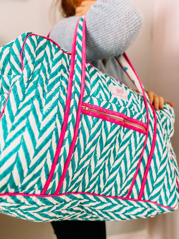 Quilted Large Weekend Bag - Turquoise & Pink Chevron - Bombaby