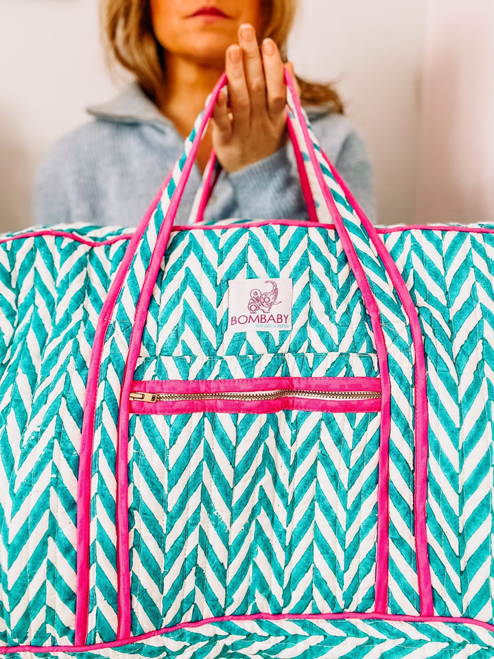 Quilted Large Weekend Bag - Turquoise & Pink Chevron - Bombaby