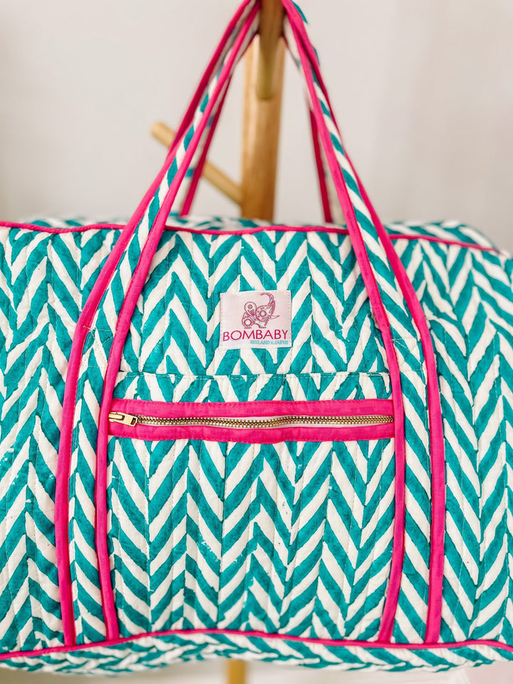 Quilted Large Weekend Bag - Turquoise & Pink Chevron - Bombaby