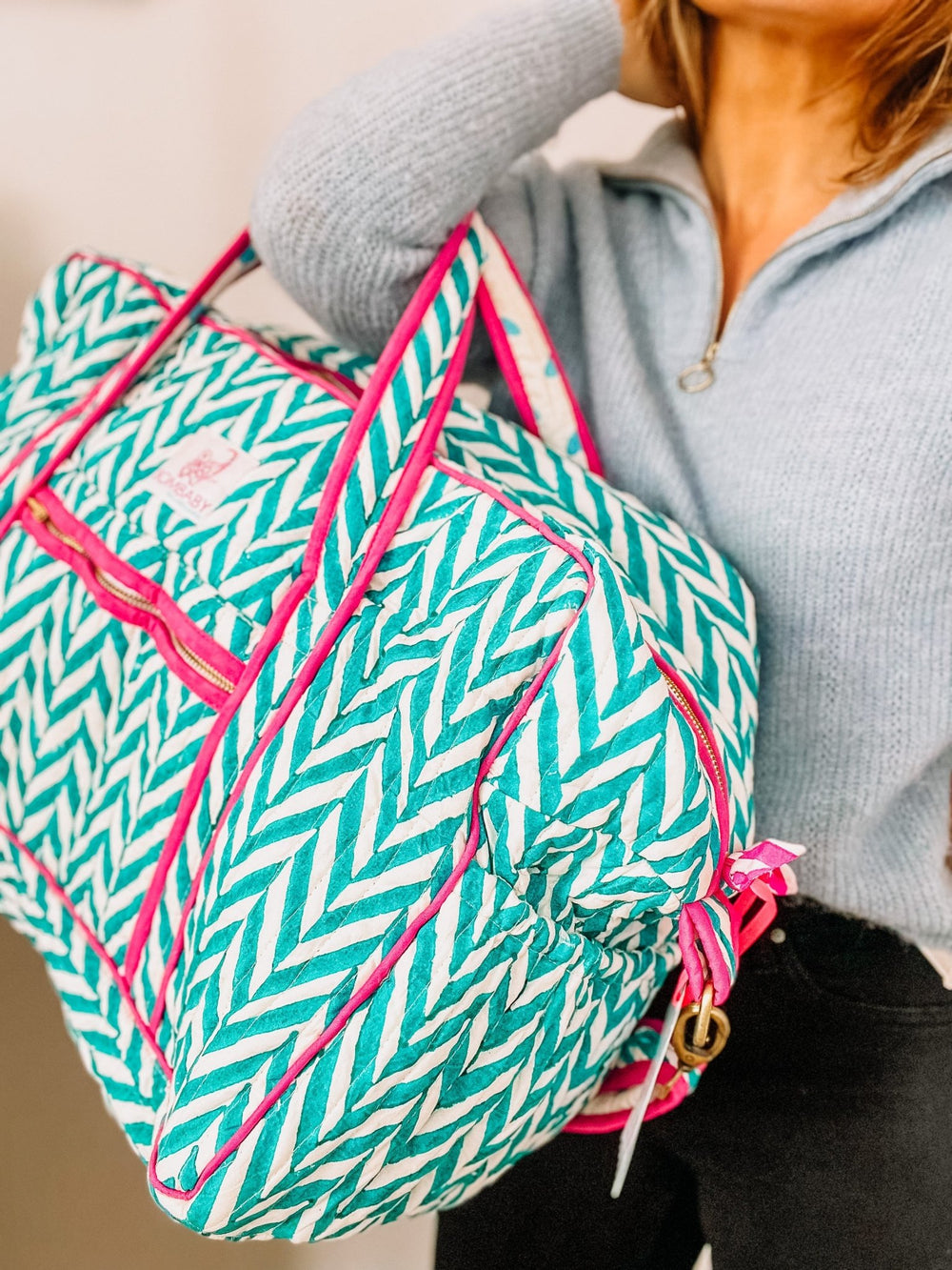 Quilted Large Weekend Bag - Turquoise & Pink Chevron - Bombaby