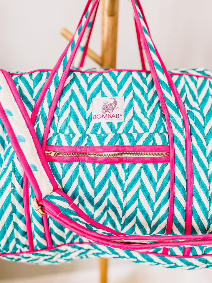 Quilted Large Weekend Bag - Turquoise & Pink Chevron - Bombaby